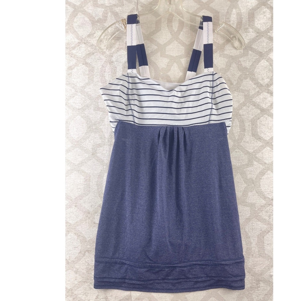 Lululemon Run Back on Track Striped Ruched Athletic Tank Top‎ Blue White Size 6